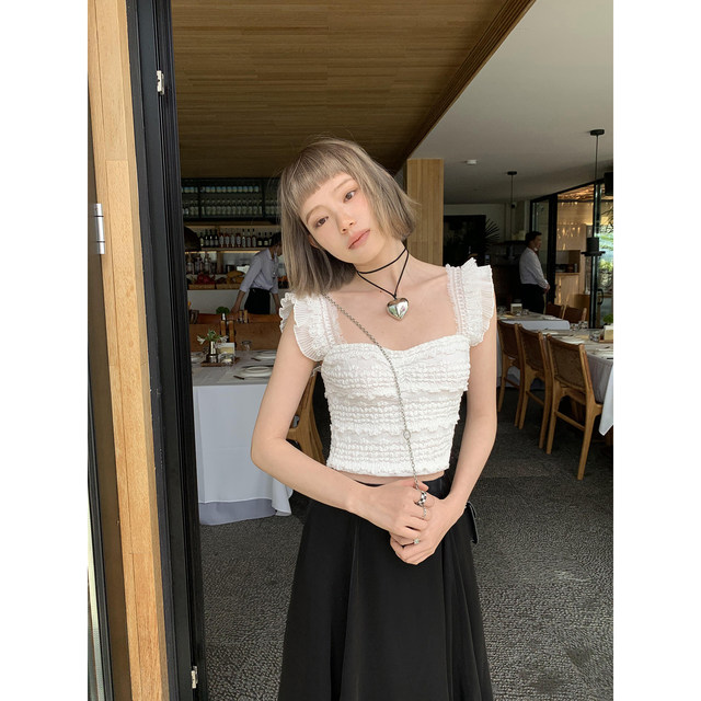 Chenmi Fan Lace sling top for women short slim design summer white sleeveless shirt