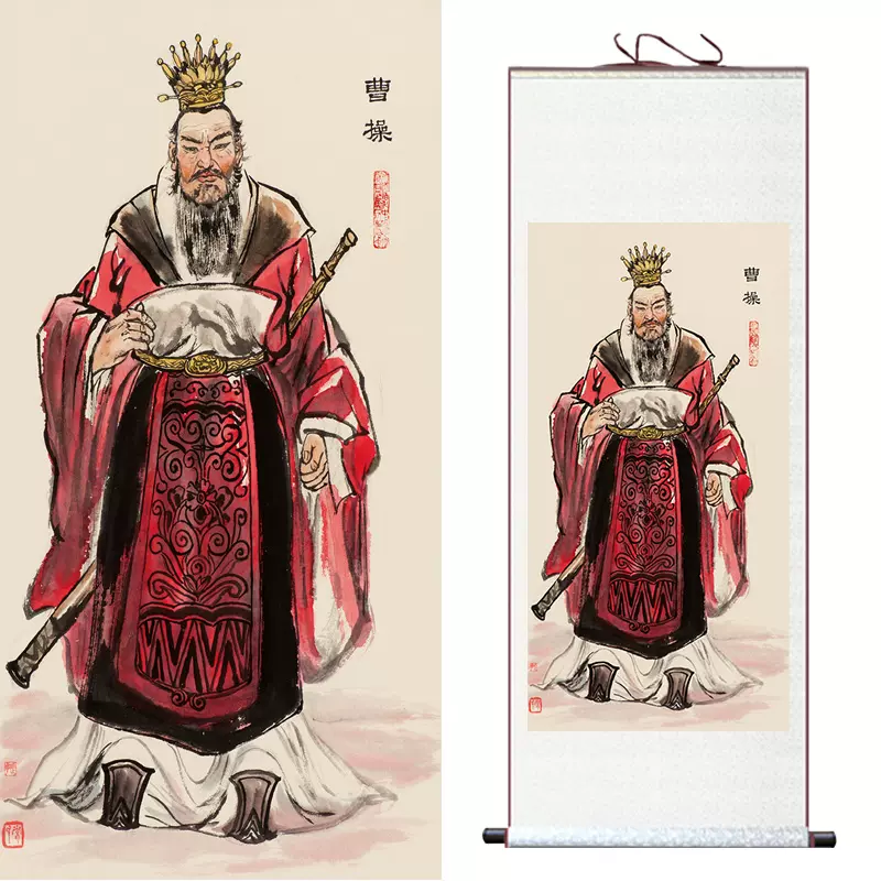 大紅色復古國畫掛畫人物圖案絹布卷軸已裝裱85*175cm畫像