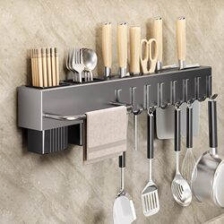 Kitchen Knife Storage Rack, Knife and Cutting Board Holder, Chopstick Cage, Integrated Carbon Steel, No-Drill Wall-Mounted