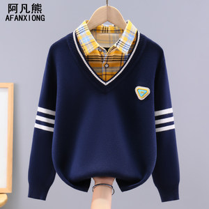 
Boys sweater autumn and winter 2026 new pure cotton fake two-piece knitted sweater for children and boys plus velvet thickened bottoming shirt trendy