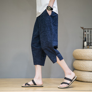 
Pants for men's summer thin men's cropped pants loose straight cotton linen sports pants beach pants linen casual shorts