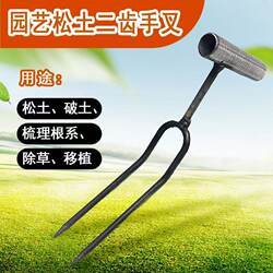 Stainless Steel Handheld Soil Loosening Fork with Two Tines, Tool for Planting Flowers and Vegetables, Household Handheld Soil Loosening Tool, Labor-Saving and Does Not Damage the Root System