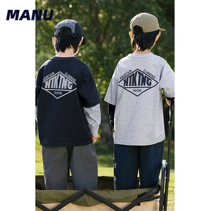 
MANUKIDS children's clothing boys 26 spring letter print fake two-piece loose Japanese style long-sleeved T-shirt for middle and large children