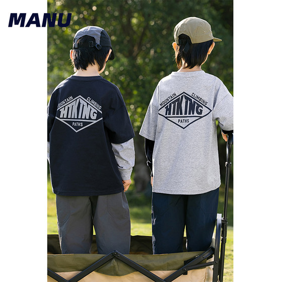 
MANUKIDS children's clothing boys 26 spring letter print fake two-piece loose Japanese style long-sleeved T-shirt for middle and large children