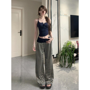 
American hot girl design striped casual pants for women autumn 2025 new high-waist slim sports straight wide-leg pants