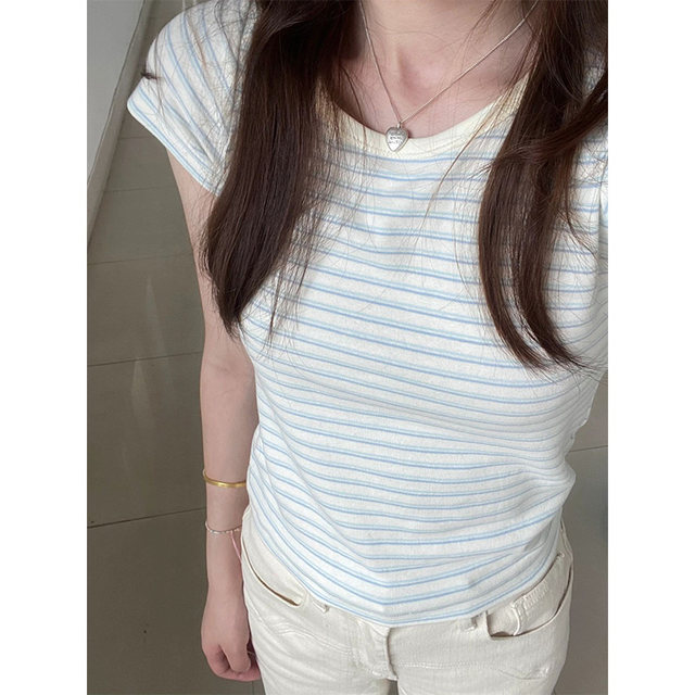 American retro niche short-sleeved striped t-shirt for women summer ...