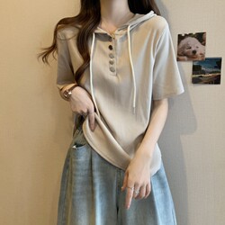 Hooded Short-Sleeved T-Shirt for Women, Stylish Top, Beautiful Summer Outfit, Plus Size, Slimming, Loose-Fitting, Korean Style Base Shirt Top