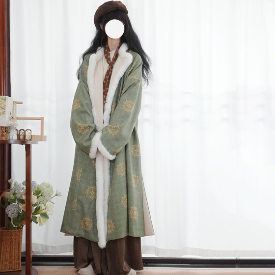 
Orchid Pavilion Preface [Lan Fang Hua] Tang-made Hanfu elements round-neck robe woolen coat two-color printing daily winter style