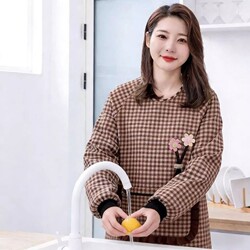 Apron for Women, Fashionable New Style, Cotton Long-Sleeved Smock, Kitchen Home Cooking Apron, Work Clothes, Oil-Proof