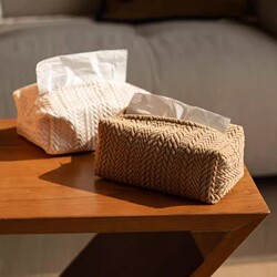 Nordic Ins Style Wheat Ear Texture Tissue Box, Cream-Colored Fabric Tissue Holder, Car Tissue Storage Box