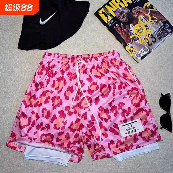 
Student summer breathable sports shorts men's American loose straight casual pink leopard print basketball three-quarter pants