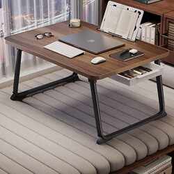 Adjustable Folding Bed Table for Dormitory Students, Study Height Stand, Home Bedroom Floor Table, Bay Window Lazy Laptop Desk, Elevated Desktop, Walnut Stable