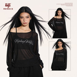 Hiphop Ninja Summer Lazy Style Mesh Rhinestone Long-Sleeved Blouse for Women Jazz Dance Loose Top