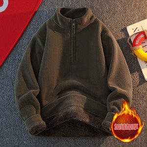 
Thick warm polar fleece sweatshirt for men in winter, cold-proof imitation sherpa inner layered shirt, stand-up collar half-zip top