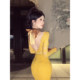 XZY Slightly fat lady slim V-neck yellow lace dress for women 25 years winter backless bow hip skirt