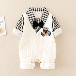 Newborn Baby One-Piece Clothing Spring and Autumn Set Cute and Stylish Boy Baby Fake Two-Piece Romper for 100 Days and First Birthday