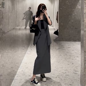 
Korean style high-end long-sleeved gray suit dress for women early autumn new temperament slit design high-waisted long skirt