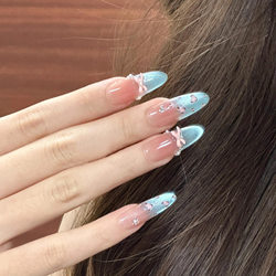 2025 New Blue Leopard Print Bow Long Nail Tips with Small Rhinestones, High Aesthetic Value, Brightening and Lengthening Effect, Press-On Nails