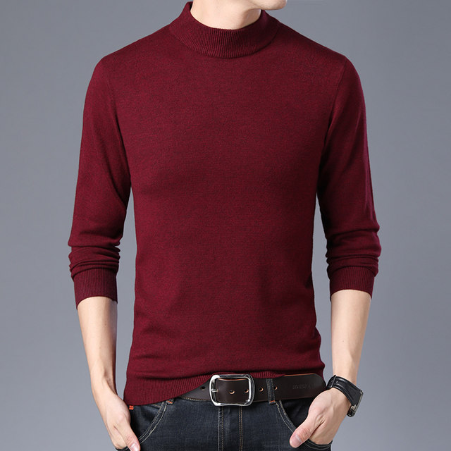 Autumn new men's round neck solid color wool sweater half turtleneck ...