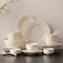 French-Style Embossed Underglaze Ceramic Bowl and Plate Set, Household Bowl, Plate, Chopsticks, Tableware Gift Box, Housewarming Gift