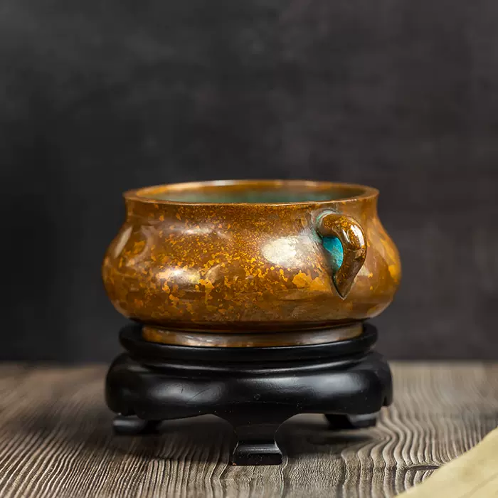 双耳铜香炉全铜三足仿古紫铜色家用桌面室内茶道熏香炉-Taobao