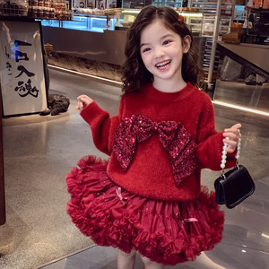 
Girls New Year Red Suit Winter Clothes 2025 New Loose Korean Style Round Neck Sweater Girls Puff Skirt Two-piece Set