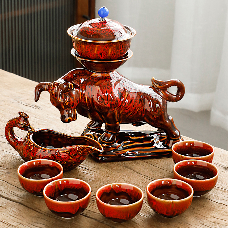 Ji Hong 功夫茶セット - レトロ回転陶器茶器 (7-9人用)