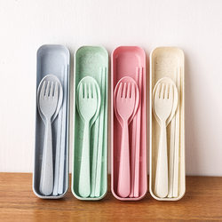 Japanese-Style Creative Wheat Straw Portable Cutlery Set 3-Piece Set Student Cute Chopstick Box Long-Handled Spoon 97369