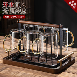 High-Temperature Resistant Glass Water Cup Set for Home Use in the Living Room, High-Quality Walnut Handle Tea Cups, Family Drinking Cups, 6 Pieces