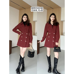 
Zhang Azing [Finland Diary] New winter half-high collar fake two-piece color-blocked high-waist fashion versatile dress