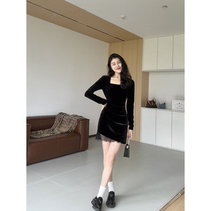 
Zhang Azing [Man Dance Night] New Hepburn square-neck French high-waist waist velvet lace splicing dress