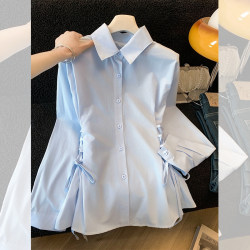 Designed Lace-Up Waist-Cinching Long-Sleeved Shirt for Women, Spring 2026 New Style, Unique and Super Nice-Looking Blue Shirt Top