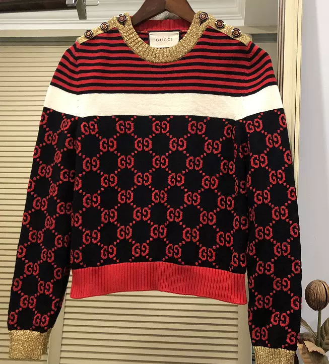 真正品二手98新美品Gucci 红色印花条纹拼接针织毛衣上衣-Taobao