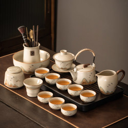 2025 New Beige Ru Kiln Tea Set for Home Use, High-End Light Luxury Teapot, Gaiwan, Kung Fu Tea Cups, Tea Tray Complete Set