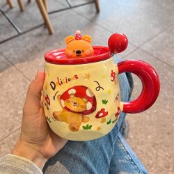 Cute Bear Mug with Lid and Spoon, High-Value Ceramic Water Cup, Girls' Household Cup, Coffee Breakfast Cup, Kidsren's Cup