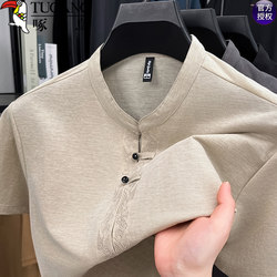 Woodpecker Summer New Chinese Style Cotton and Linen Short-Sleeve T-Shirt for Men, Stand Collar Half-Sleeve Polo Shirt, Vintage National Style Thin Tang Suit
