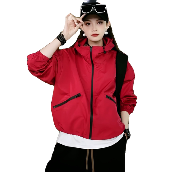 
Red high-end short jacket for women's autumn new casual loose hooded sports windbreaker jacket age-reducing top trendy