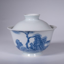 Tea and Tea Utensils: Jingdezhen Guyu Shanfang Hand-Painted Blue and White Fishing Scene, No Lid Bowl, Handmade Ceramic Rock Tea Bowl