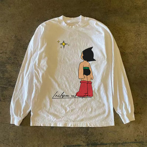 
300g heavy weight! American retro cartoon printed T-shirt long sleeves for men and women, street loose round neck couple style