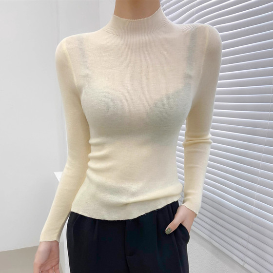
Apricot half turtleneck wool sweater for age reduction, beautiful inner sweater, slim fit, thin slightly translucent soft waxy bottoming shirt for women