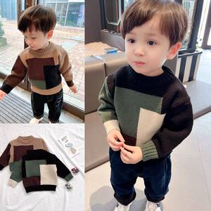 
Boys sweater 2025 winter new versatile pullover knitted sweater baby thickened base fashionable color-blocking sweater