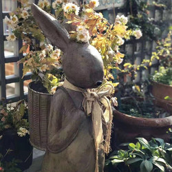 American-Style Vintage Resin Bunny Basket Garden Creative Ornament Flower Stand Storage Living Room Entryway Tabletop Home Decoration