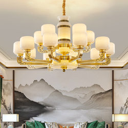 New Chinese-Style Chandelier with All-Copper Jade Cover for Living Room and Dining Room, Chinese-Style High-End and Grand Villa Duplex Marble Lamp