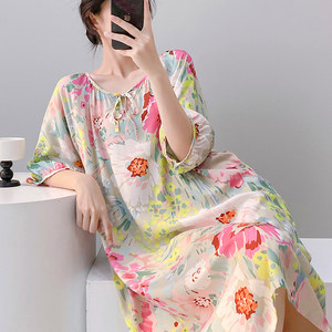 
Pajamas for women, summer cotton silk short-sleeved pajamas for middle-aged and elderly mothers, which can be worn outside home clothes, artificial cotton dresses, hot style