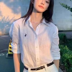 Spring and Summer Pony Logo Embroidered Shirt for Women New Loose Casual Lazy Sun Protection Shirt Outer Wear Cotton and Linen Versatile Top