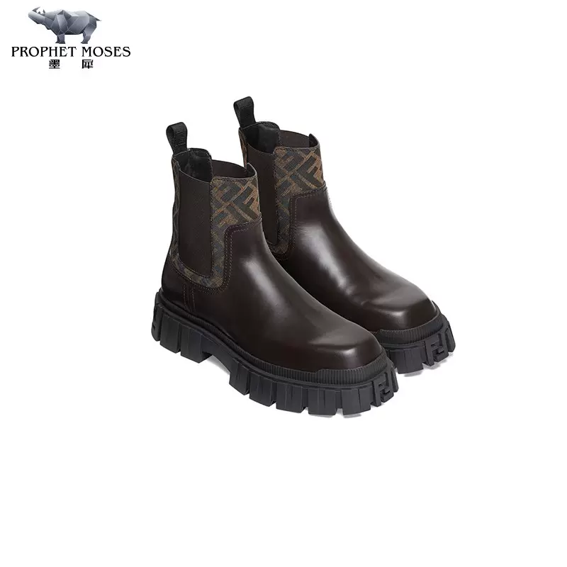 FENDI/芬迪2023新款男靴FF提花布料方形鞋头轻盈橡胶鞋底切尔西靴-Taobao