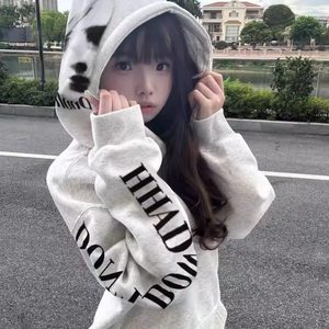 美式高街白灰色梵文印花字母连帽卫衣女秋冬新款宽松加绒加厚外套