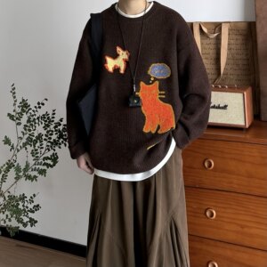 
BUTQIU Japanese retro autumn and winter thickened and warm cartoon jacquard round neck sweater pullover sweater for men and women