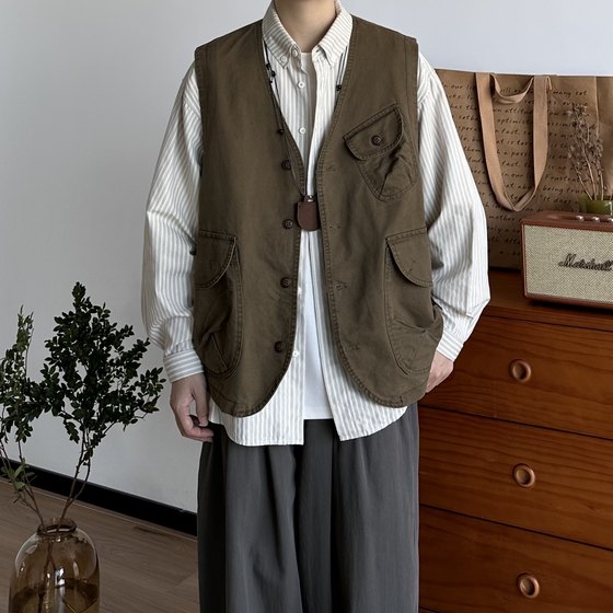 
BUTQIU Japanese retro autumn and winter multi-pocket work vest for men and women loose casual and versatile vest vest jacket