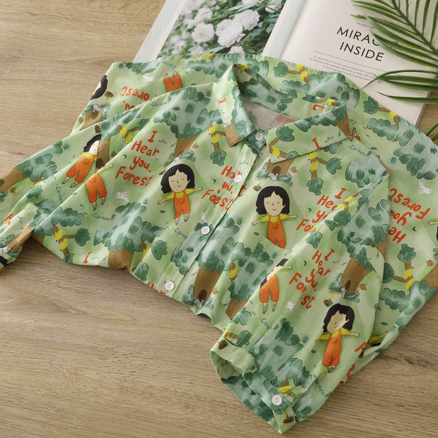 Children's fun cartoon printed fresh lapel top versatile cotton loose summer short-sleeved shirt women's shirt new